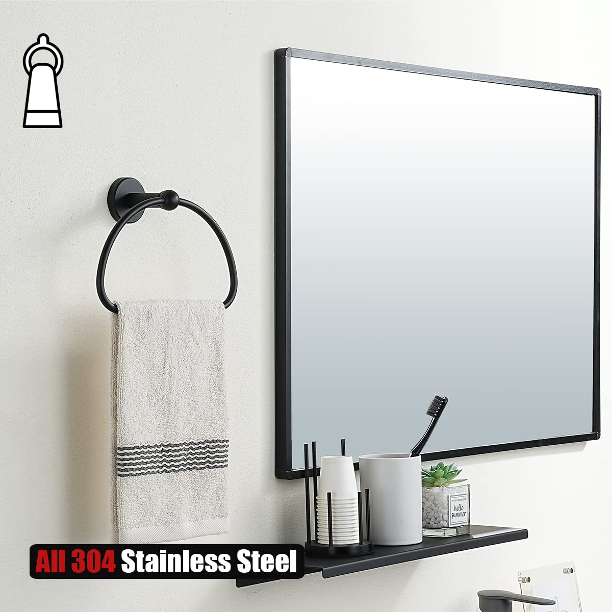 JQK Towel Ring Matte Black  Stainless Steel Half Ring Towel Holder for Bathroom  7 Inch Brushed Finished Wall Mount  TR160-PB