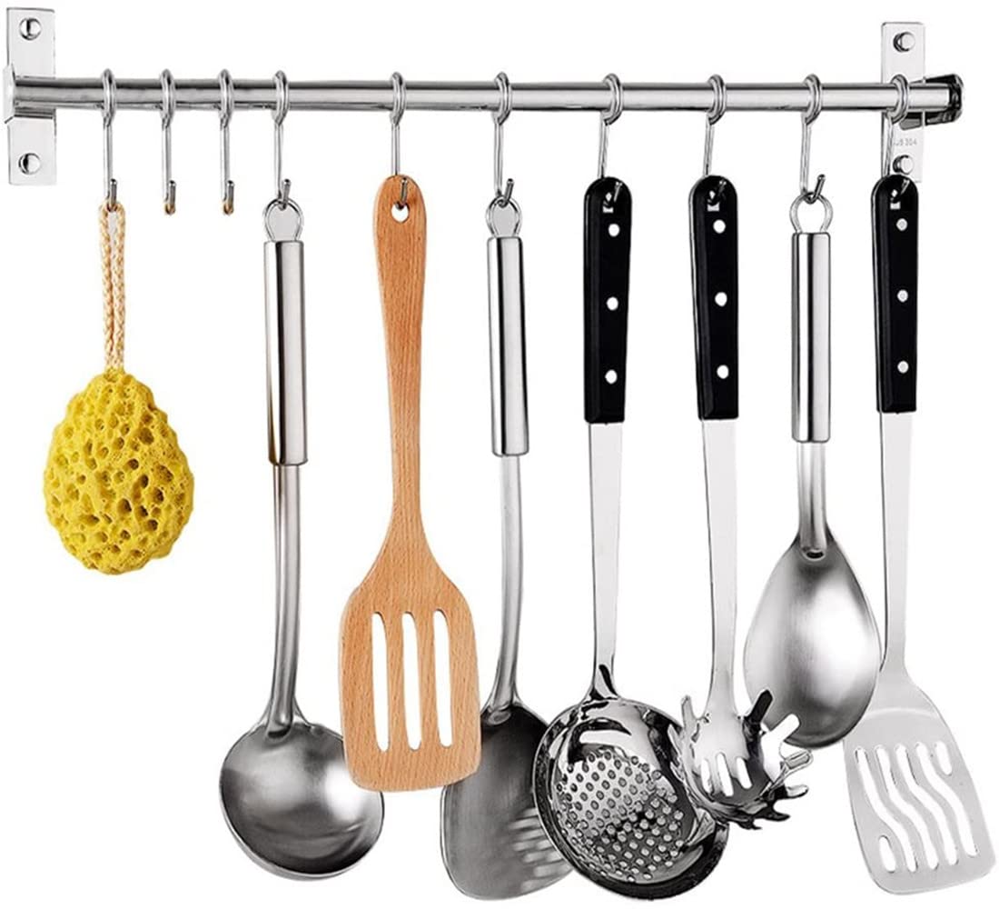 Petilleur Kitchen Sliding Hooks, Stainless Steel Hanging Rack Rail Organize Kitchen Tools With 10 Utensil Removable S Hooks For