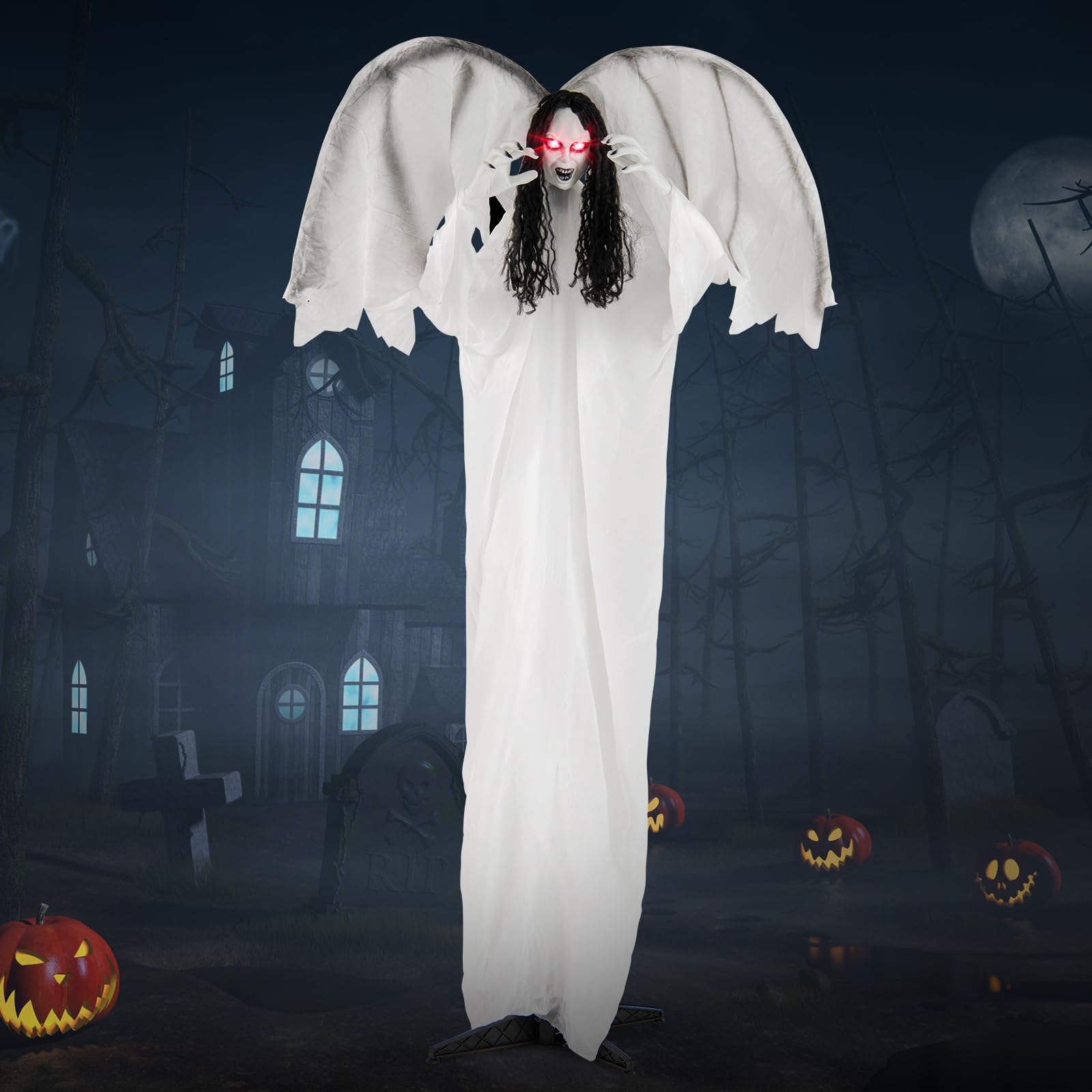 Tangkula Halloween Animatronic Standing Angel, 6.6 FT Haunted House Decoration w/Sound-Activated Light-up Eyes, Sounds & Flappin