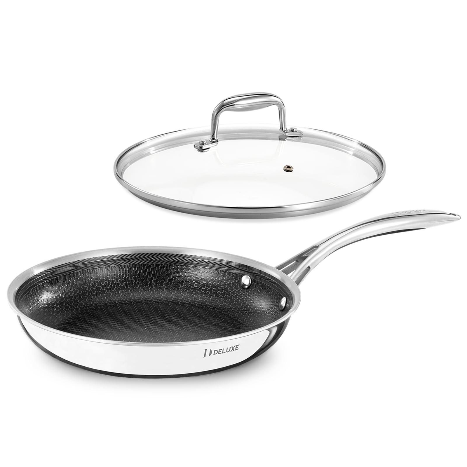Deluxe Hybrid Nonstick 10-Inch Frying Pan With Tempered Glass Lid, 3-Ply Skillet With Stay-Cool Handle, Dishwasher And Oven Safe