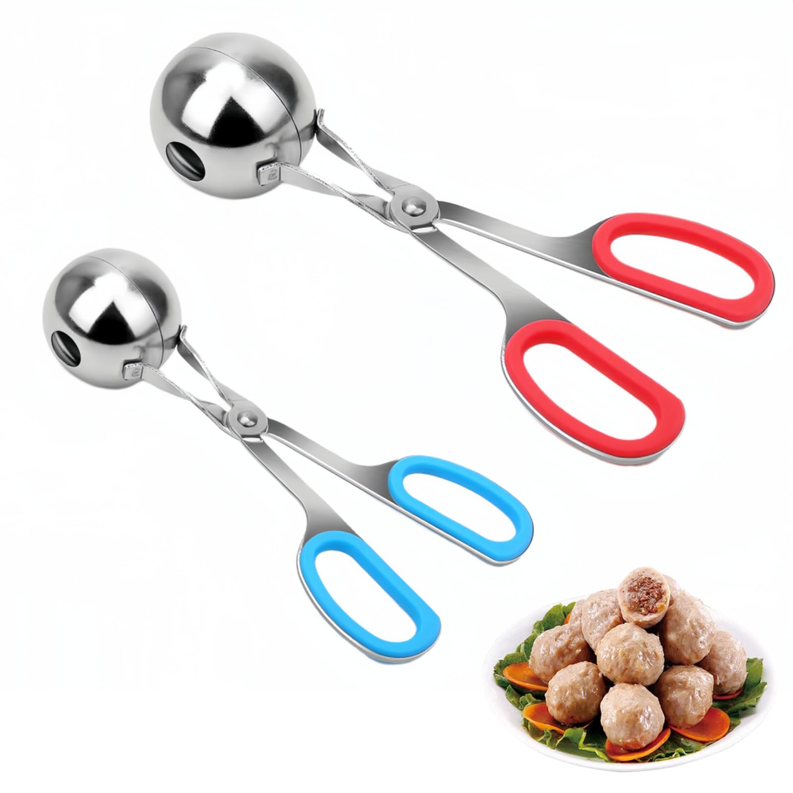 Kanlpeia Meatball Maker 2 PCS Non-Stick Meatball Maker (1.38 & 1.89) With Removable Non-Slip Handle, Meat Baller Tongs, Cake Pop