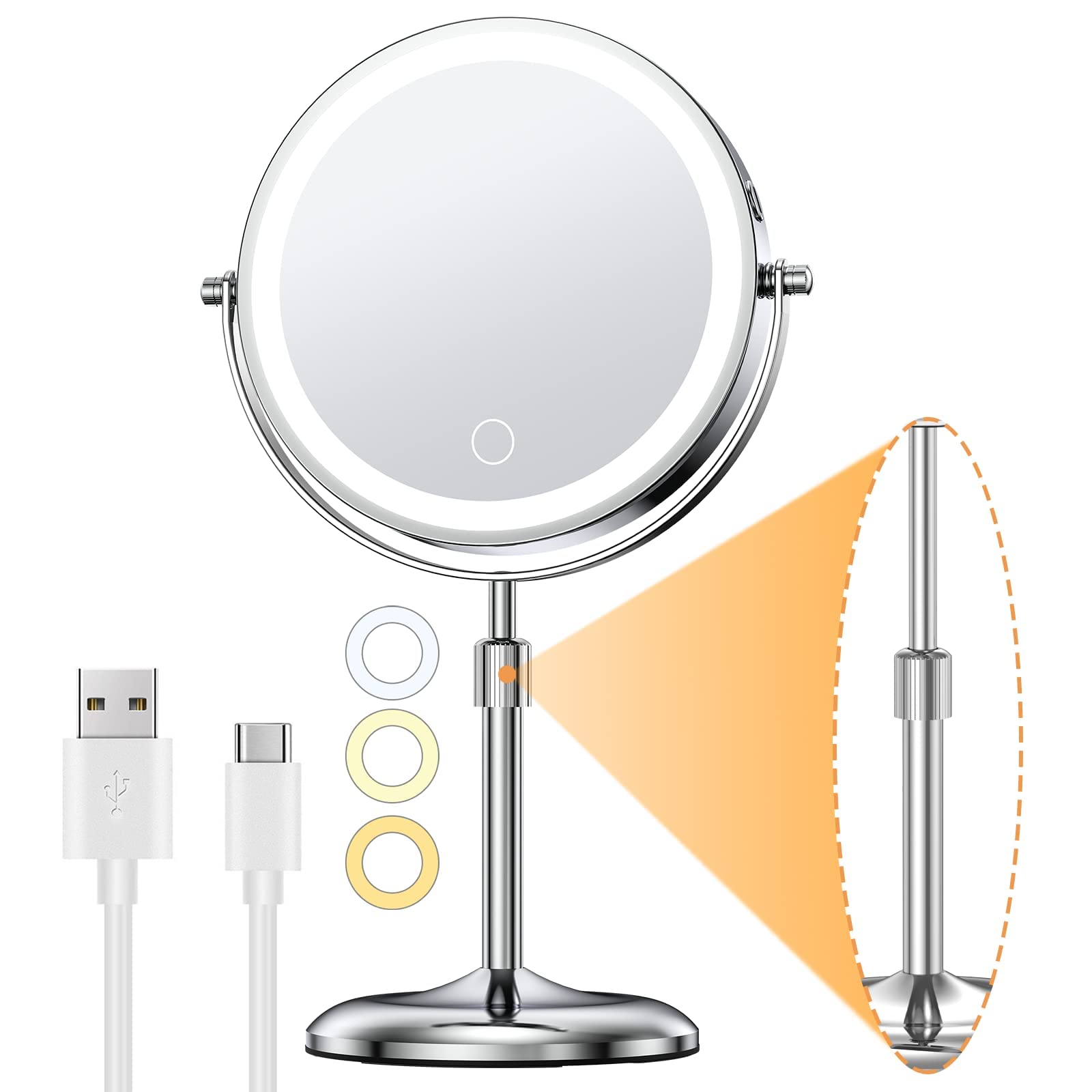 Gospire Lighted Makeup Mirror With Magnification 10X, Height Adjustable & 3 Color Dimmable Lights 7'' Cosmetic Mirror, 360 Swive