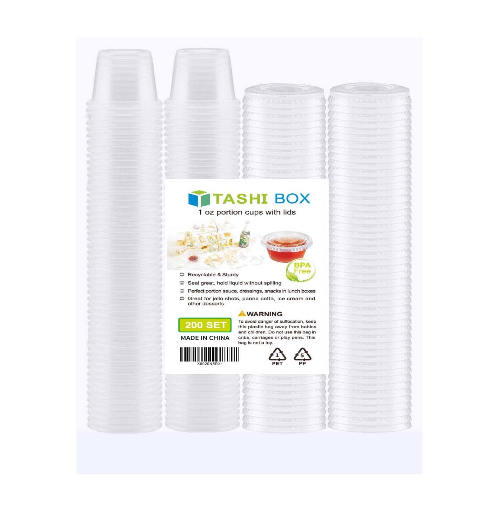 TashiBox 200 Sets - 1 Ounce Jello Shot Cups with Lids  Plastic Souffle Portion Cups with Lids  Clear