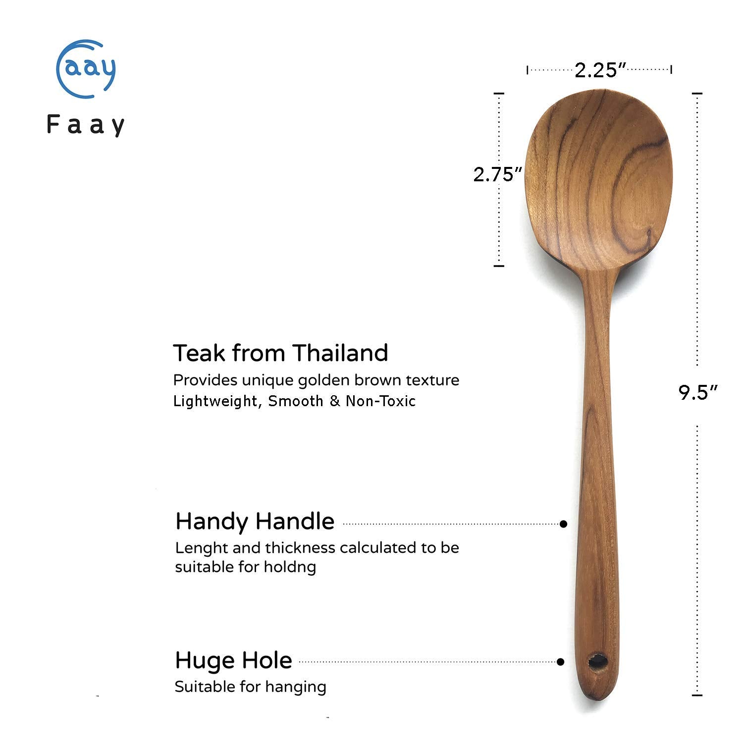 Faay 2 Teak Serving Spoons, 9.5 Inches Wooden Spoon, Small Cooking Spoon, Salad Servers, Handcrafted From High Moist Resistance