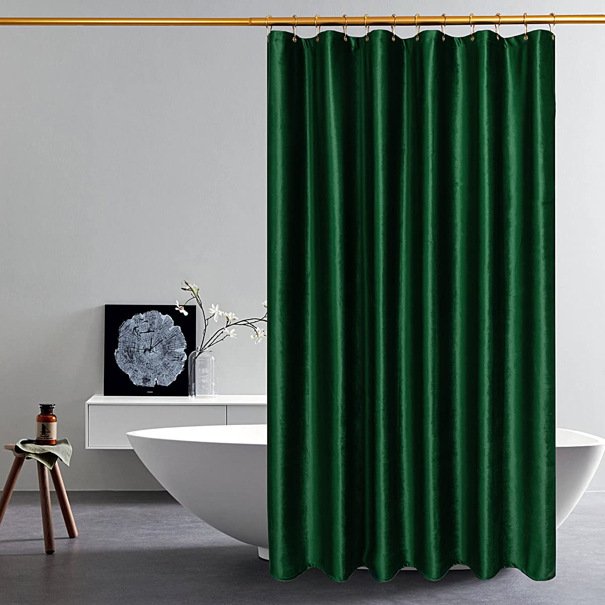 Thicken Velvet Dark Green Shower Curtains For Bathroom, Luxury 260 Gsm Heavy-Duty Fabric Curtain With Hooks, Washable, Waterproo