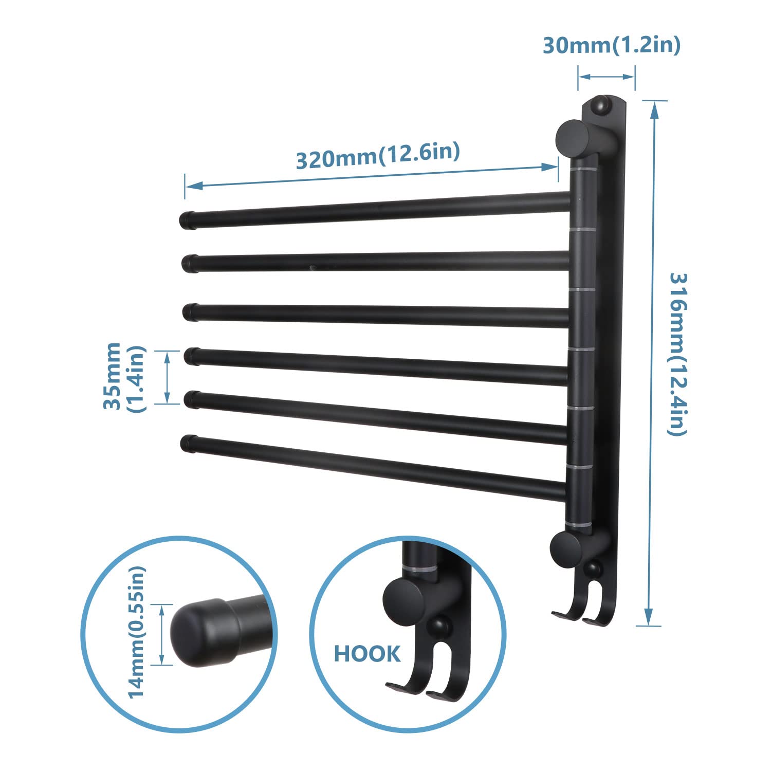 JSVER Bathroom Towel Rack - 6 Arms Wall-Mounted Stainless Steel Holder in Black, Model JSVER-TR000