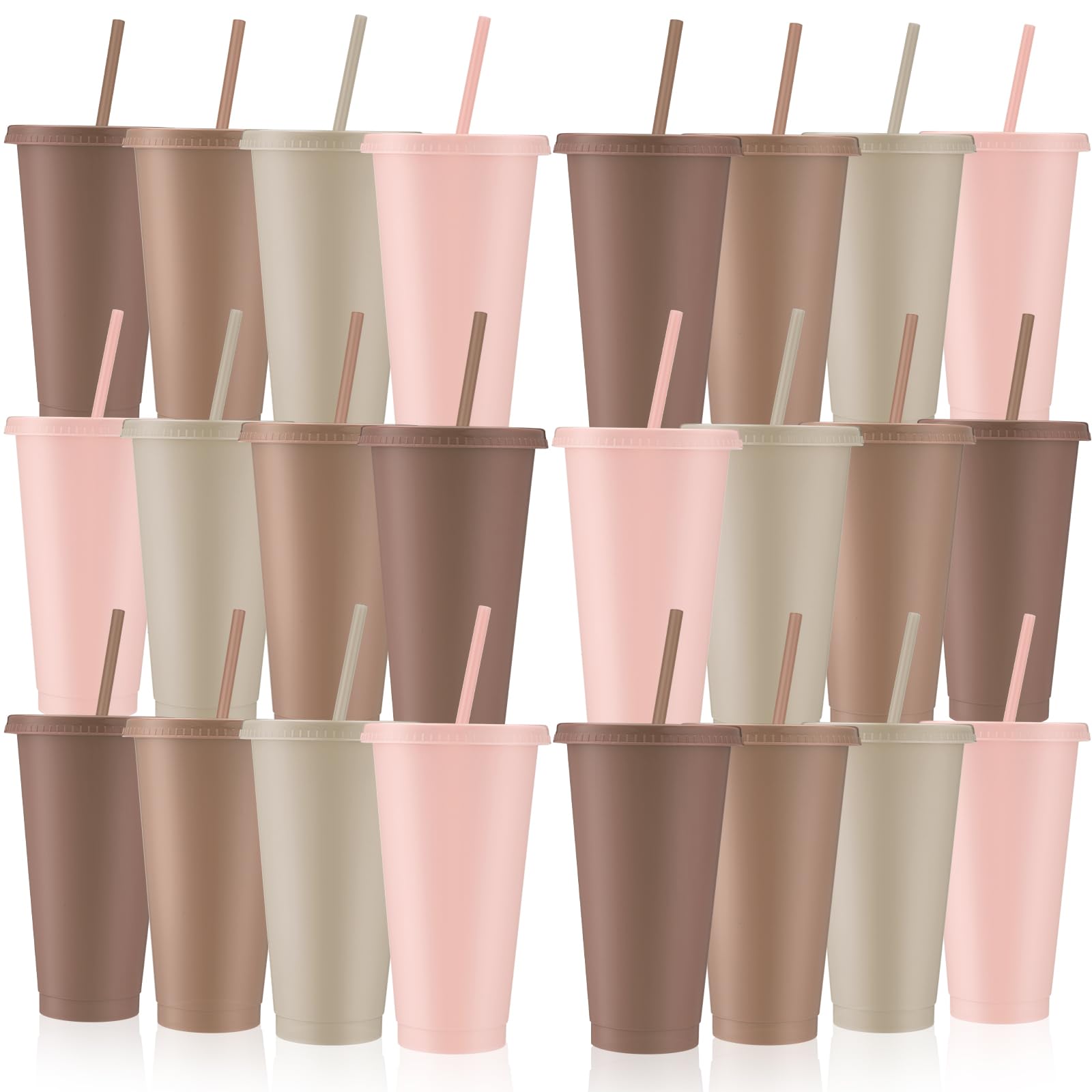 Skylety 24 Pcs Boho Plastic Cups with Lids and Straws 24 oz Reusable Tumbler Large Travel Mug Cup Coffee Beverage Drinks Party S