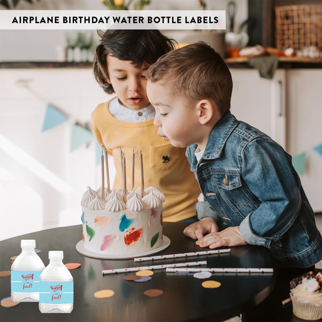 Andaz Press Birthday Water Bottle Labels Stickers, Airplane, 20-Pack, For Decor Decorations Dessert Table Wraps
