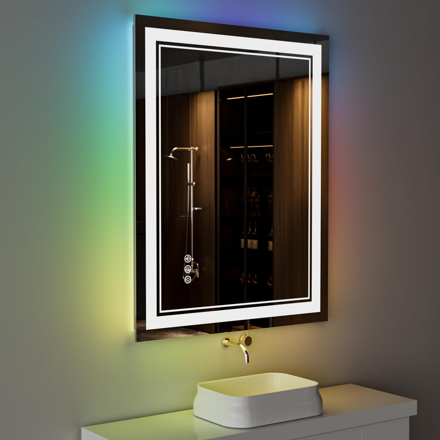 Istripmf 24X36 Inch Rgb Led Bathroom Mirror With Lights, Colorful Changing Lighted Mirror, Shatterproof Dimmable Anti-Fog Led Va