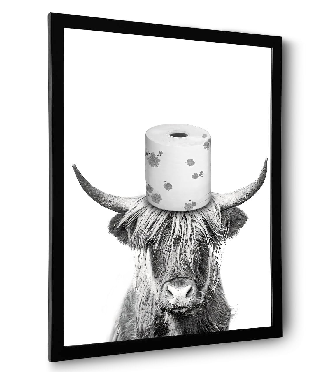 Black And White Highland Cow Wall Art, Framed Funny Bathroom Wall Decor, Cute Highland Cow Canvas Print, Funny Kid'S Room Decor