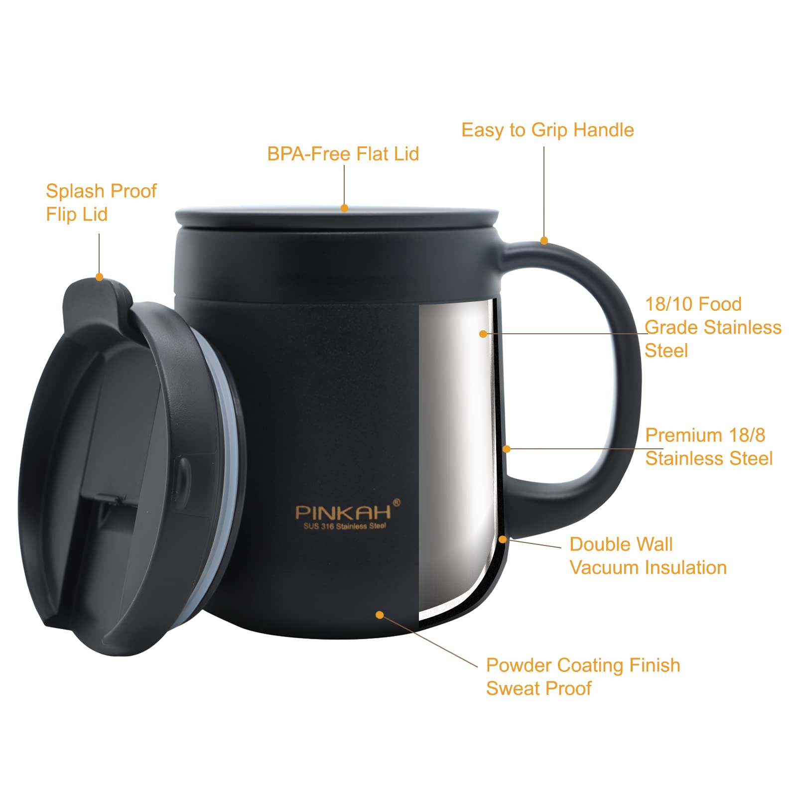 Pinkah 16Oz Stainless Steel Insulated Coffee Mug With Handle, Double Wall Vacuum Tumbler Cup With 2 Lids, Thermal Coffee Cup