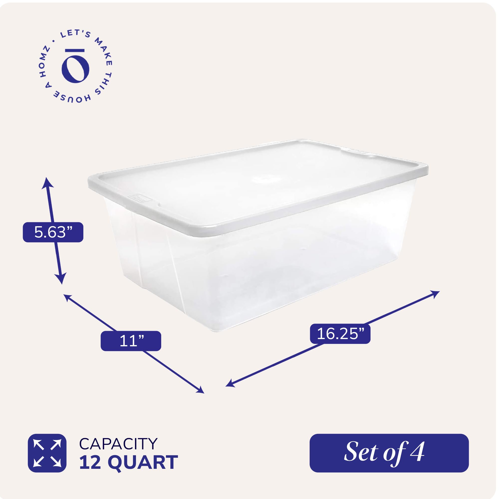 Homz 4 Pack Storage Bins, Clear Plastic Organizing Containers W/White Lids, 12 Quart