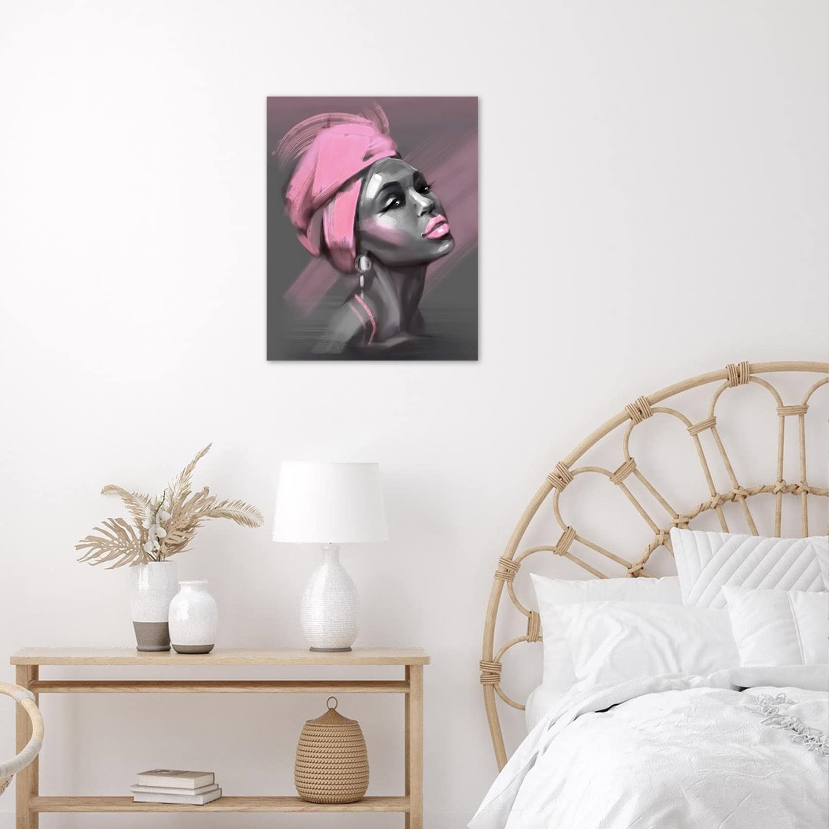 LB African American Women Canvas Wall Art  Beauty Black Woman Pink Hair Canvas Art  Abstract Minimalist Painting Wall Decor for Living Room Bedroom Bathroom Home Decor Ready to Hanging 12x16 Inch