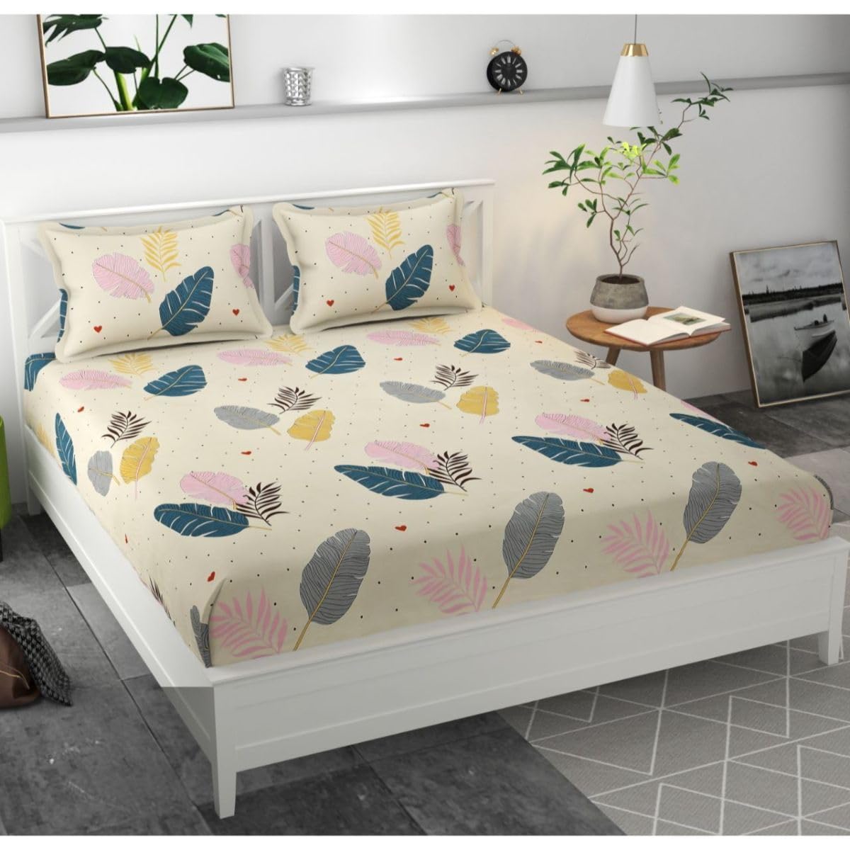 Bluedot Printed Elastic Fitted King Size Bedsheet With 2 Large Pillow Covers (50 * 75) Cm - Yellow-Grey | 180 Tc | Best Suitable