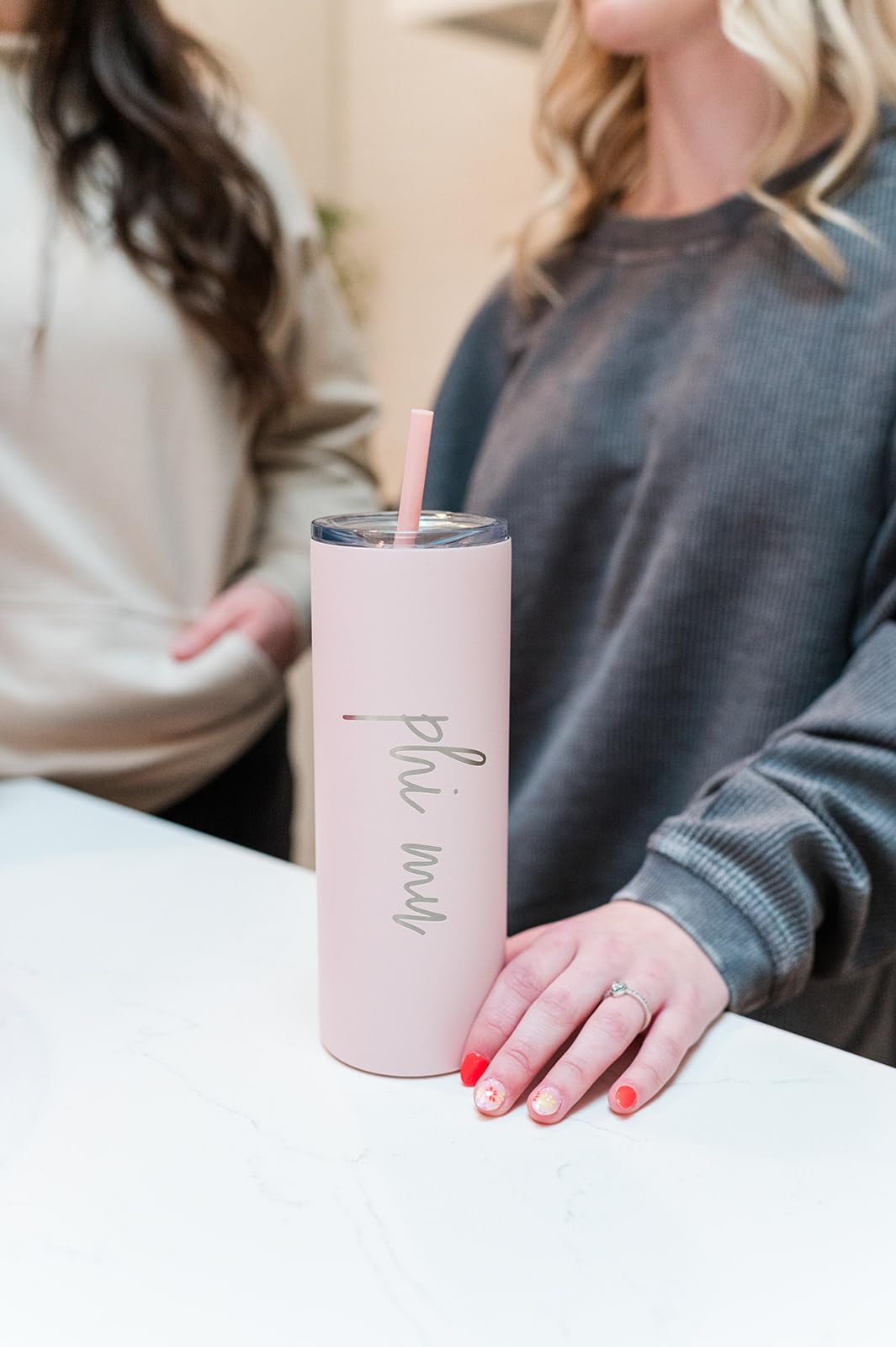 Go Greek Chic Phi Mu Laser Engraved Skinny Tumbler With Straw (Blush)