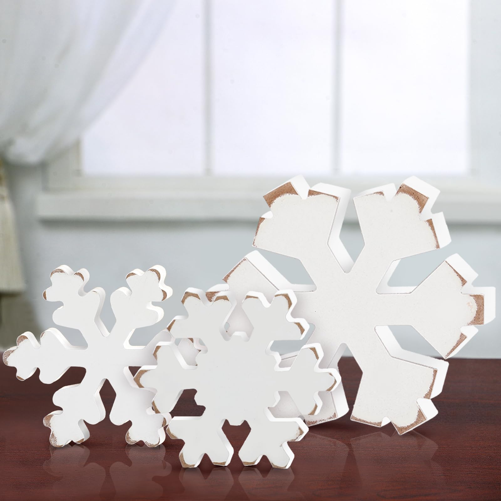 Bucherry 3 Pcs Winter Wooden Snowflake Decor Rustic Winter Snowflake Table Signs Wonderland Snowflake Wood Blocks Farmhouse Xmas