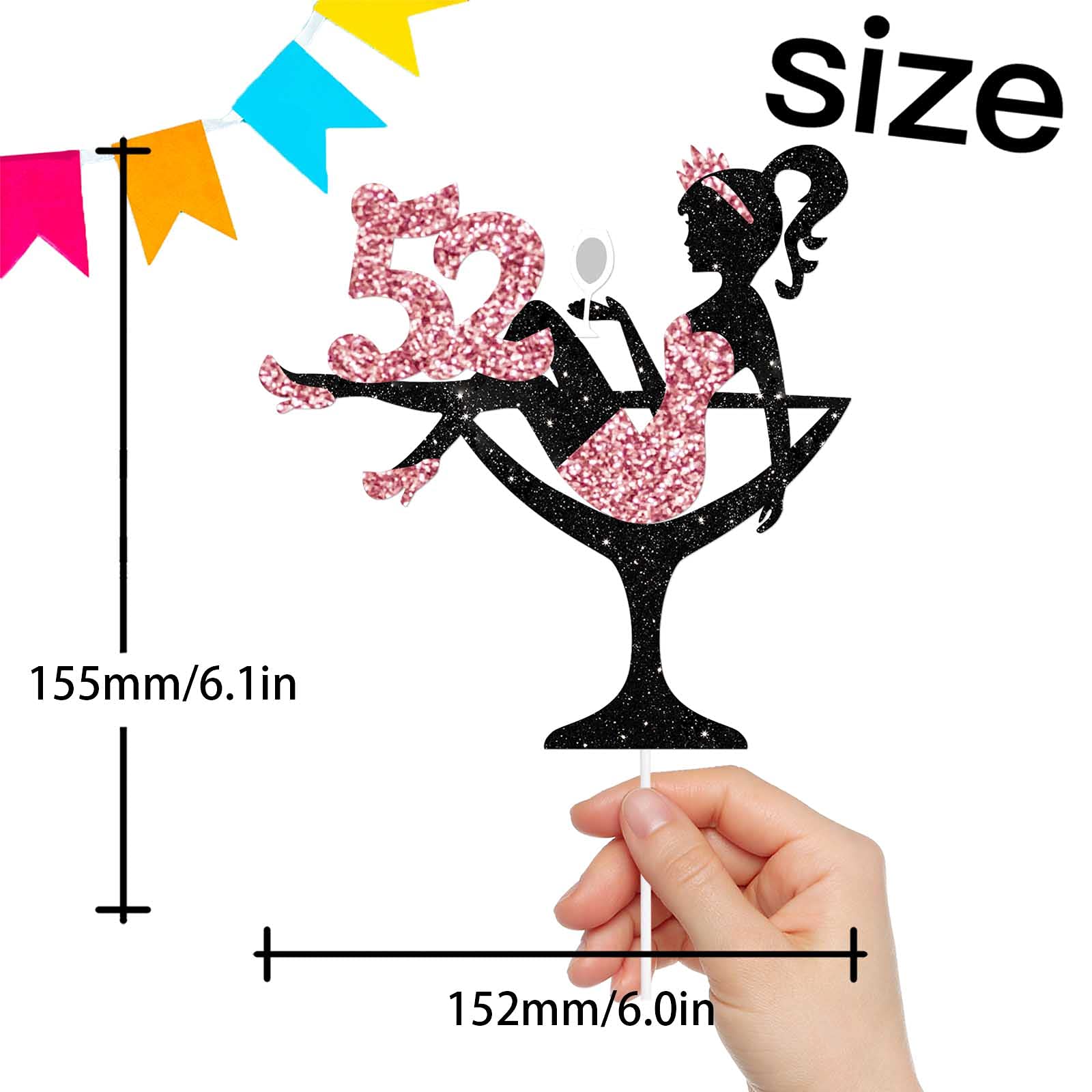 Sitting Girl Cake Topper Picks for Girl Lady 52nd Birthday Makeup Spa Theme Party Decoration Supplies 52 Silhouette High Heeled Girl Cake Decor Rose Gold Glitter