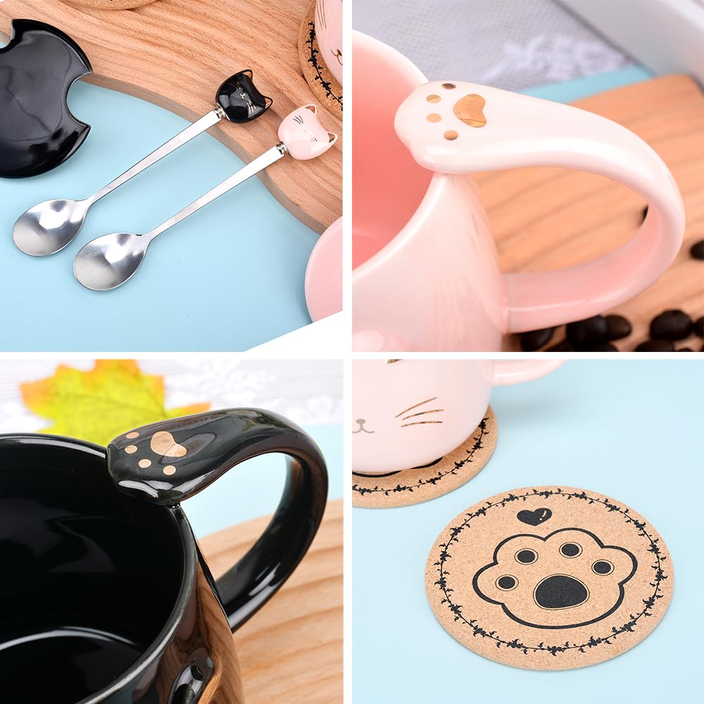 Pink Ceramic Coffee mug Cute Cat Handmade Tea Cups with Stainless Steel Spoon Kitty Cup Unique Hot chocolate Novelty mugs Christ