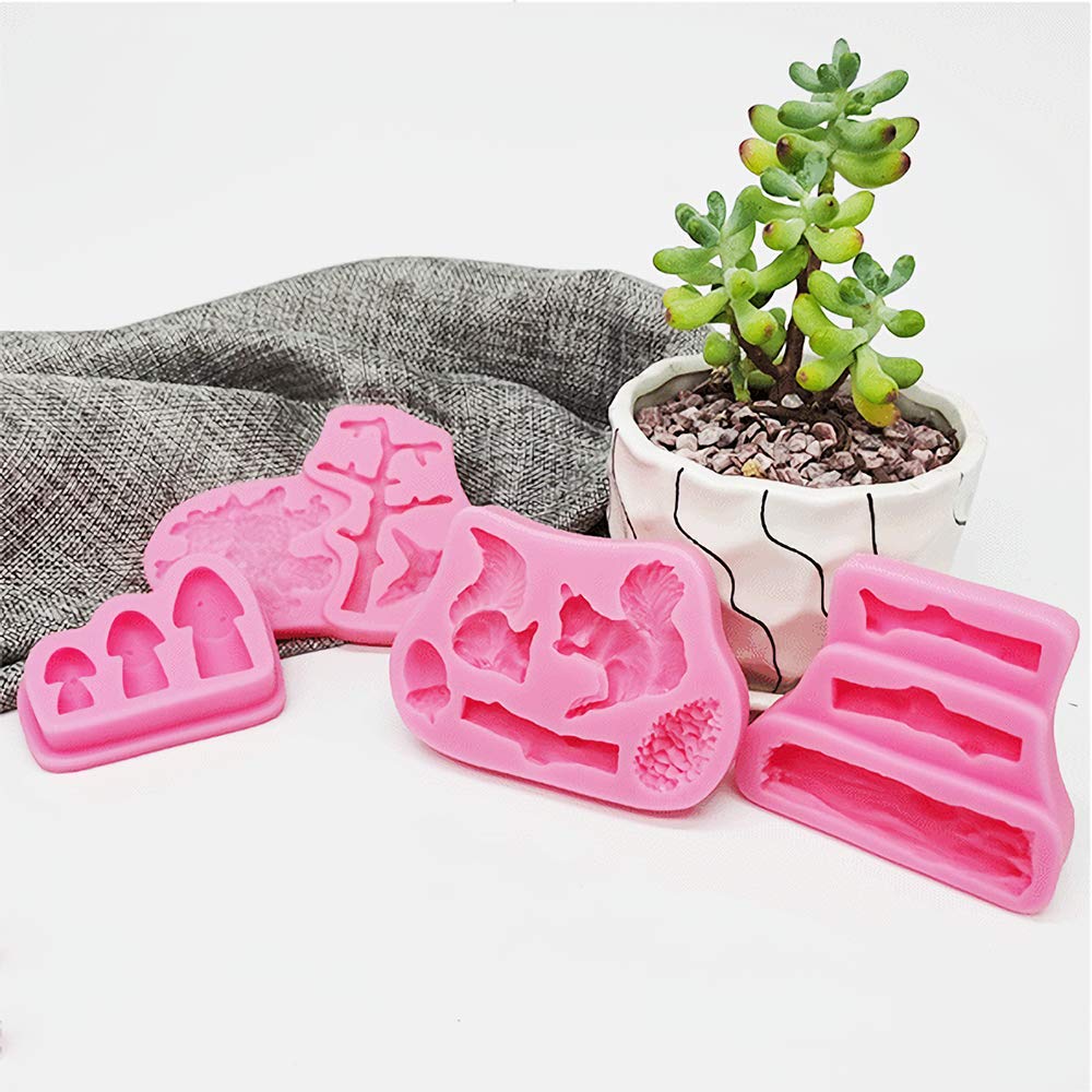 4Pcs/Set Forest Themed Fondant Molds Animal Tree Trunk Squirrel Mushroom Pinecones Lumberjack Gumpaste Chocolate Candy Mold Stum