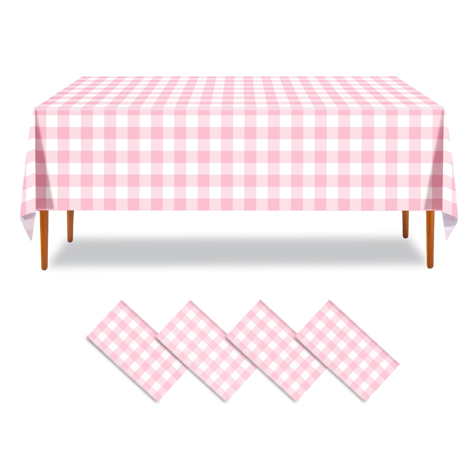 ZHIAXTON 4 Pack Pink Gingham Tablecloth, 54 X 108 Inch Disposable Pink and White Checkered Tablecloth for Tea Party, Birthday, W