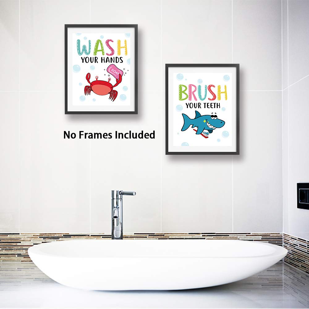 Funny Colorful Cartoon Sea Life Themed Bathroom Inspirational Quotes Art Print Humorous Quotes Painting  Toilet Rules Art Picture for Children Washroom Bathroom Decor  Set of 4 (8X10)  No Frame