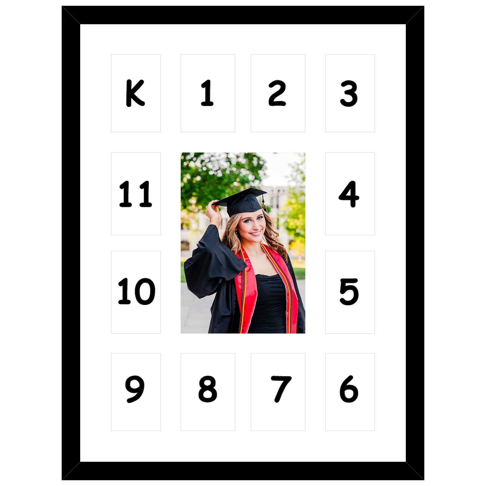 HEYTUYA 12x16 School Years Picture Frame K-12, Display One 5x7 Photo and Twelve 2.5x3.5 Pictures, Graduation Photo Collage Black