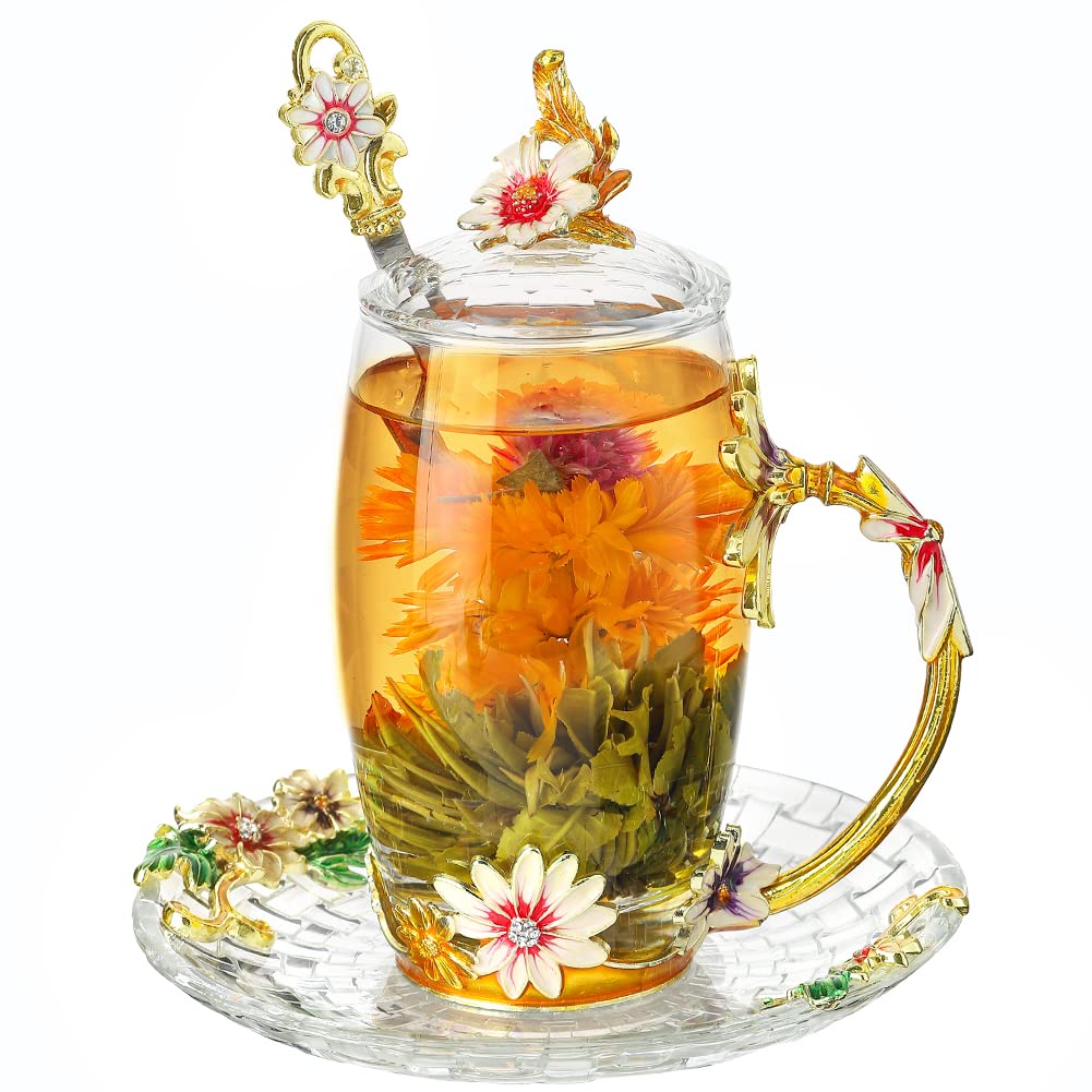 LANTREE Glass Coffee Mug Christmas Gift Sunflower Daisy Tea Cup with Lid Saucer Mothers Day Birthday Gift for Women Unique(12oz