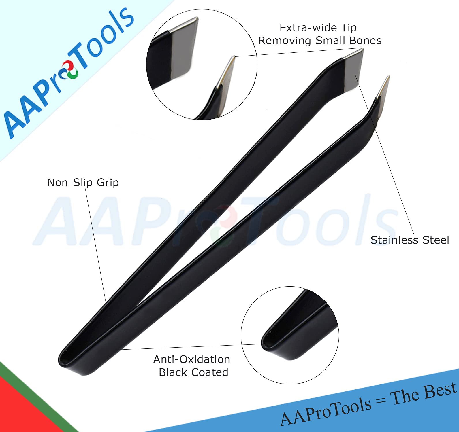 Aaprotools 5.5'' Tactical Black Fish Bone Tweezers Stainless Steel Flat And Slant Tip Tweezers Pliers Remover Tool