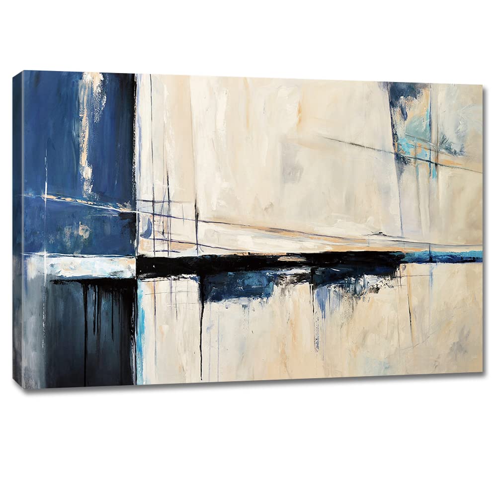 Large Abstract Canvas Wall Art Modern Geometric Art Paintings Blue Blocks And Lines Painted On Cream Background Elegantly Framed
