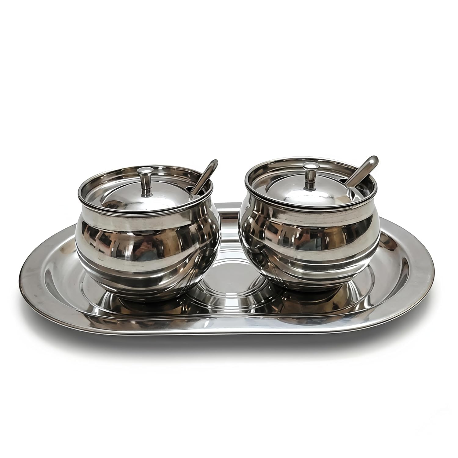 Aquanero+ Stainless Steel Ghee Pot Gheedani Oil Container With Lid, Spoon, Steel Tray Set/Table Top Jar And Container Dining Tab