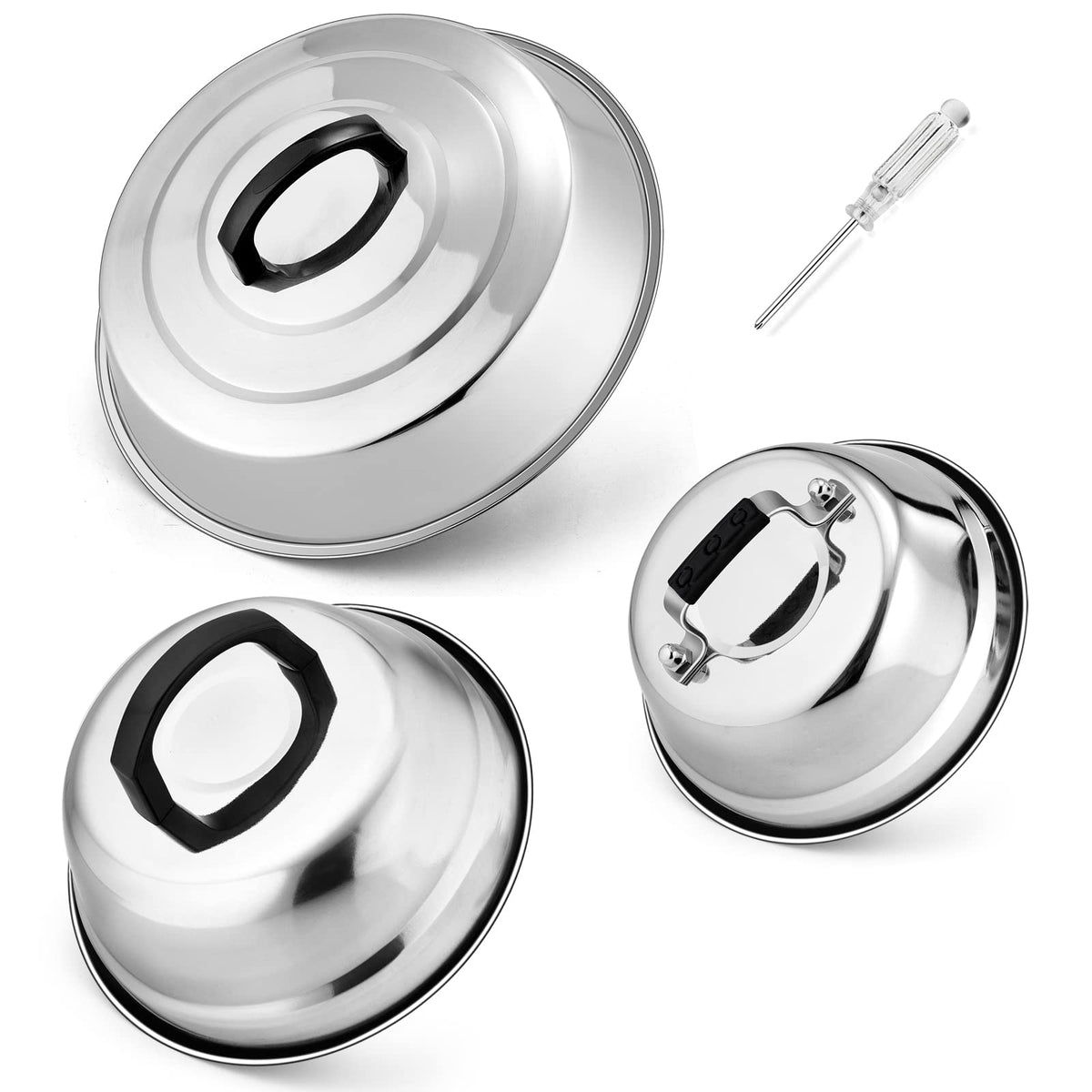 Cheese Melting Dome Set Of 3, Hasteel Stainless Steel Round Basting Steaming Covers, Professional Griddle Grill Accessories For