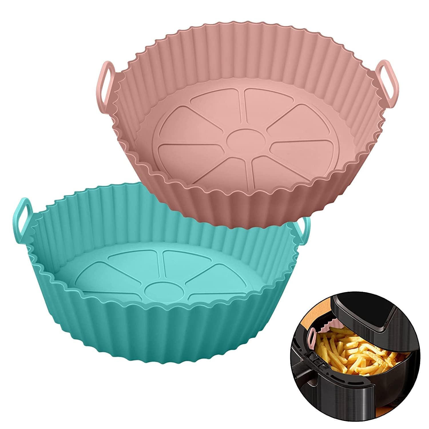 YBM ENTERPRISE Air Fryer Liners I Round Silicone Basket Baking Tray I Pot with Ear Handles I Nonstick Reusable Heat Resistant I 