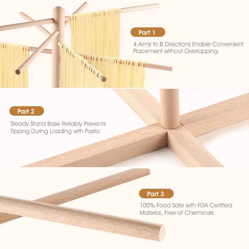 Isiler Natural Beech Wood Pasta Drying Rack With 8 Branches, Easy To Transfer For Drying Pasta And Spaghetti, Special Suspension