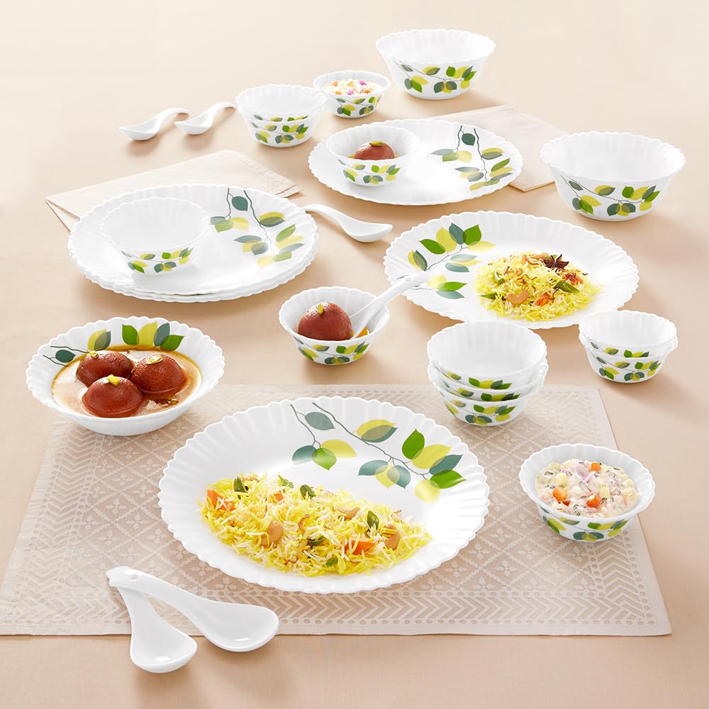 Larah By Borosil Green Leaves Silk Series Opalware Dinner Set | 27 Pieces For Family Of 6 | Microwave & Dishwasher Safe | Bone-A
