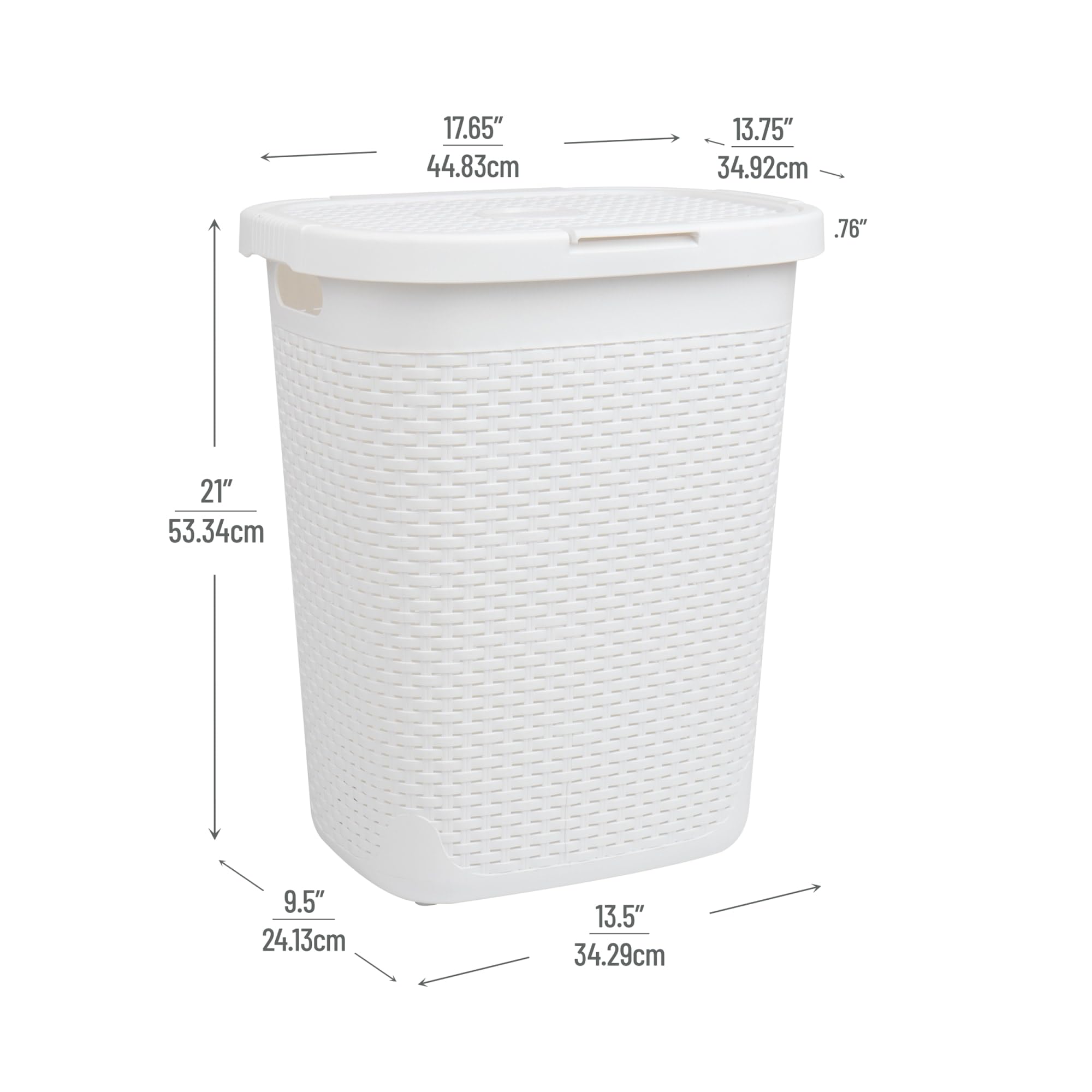 Mind Reader 50L Slim Laundry Hamper, Clothes Basket, Lid, Wicker Design, Plastic, 17.65''L X 13.75''W X 21''H, White