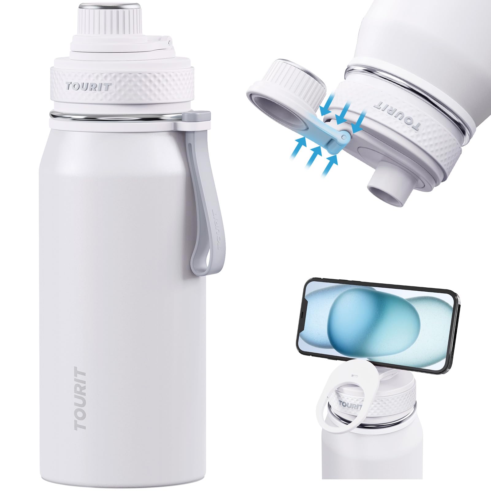 TOURIT 32oz Stainless Steel Wide Mouth Water Bottle, Double-Wall Vacuum Insulation with Spout Lid for Sports and Travel, White