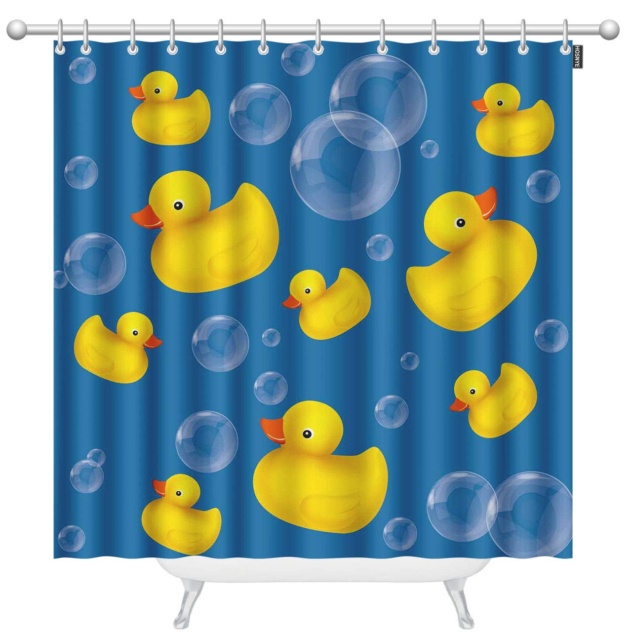 Hosnye Rubber Duck Shower Curtain 60X72 Inch Soap Bubble On Blue Polyester Stall Curtains With Hooks For Bathroom Showers
