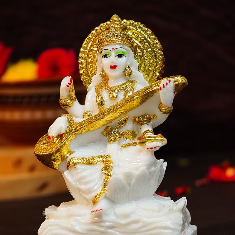 Ekhasa Aura Series Marble Dust Maa Saraswati Idol (5 Inch) | Gold Plated Saraswati Maa Murti For Study Table, Pooja Room & Home