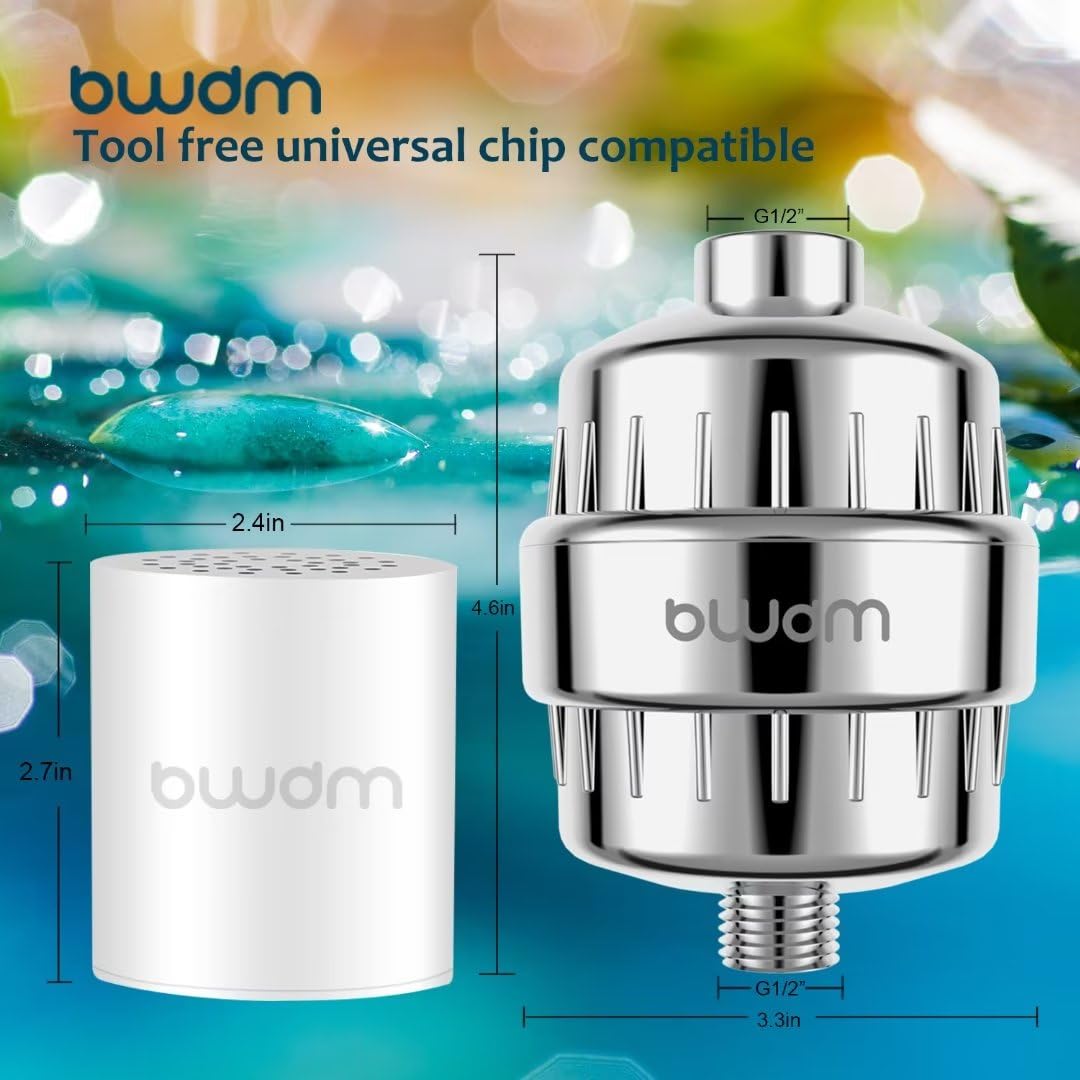 15 Stage Shower Filter - Shower Head Filter - bwdm Hard Water Filter  Remove Chlorine Heavy Metals and other Impurities  Vitamin C Water Softener Reduces Dry Itchy Skin  Dandruff (Chrome)