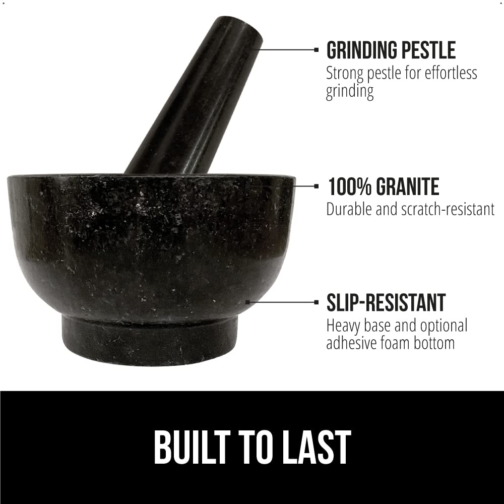 Gorilla Grip Large Granite Mortar And Pestle Set, 4 Cup, Slip Resistant Non Scratch Foam Base, Spice And Herb Grinder, Stone Mol