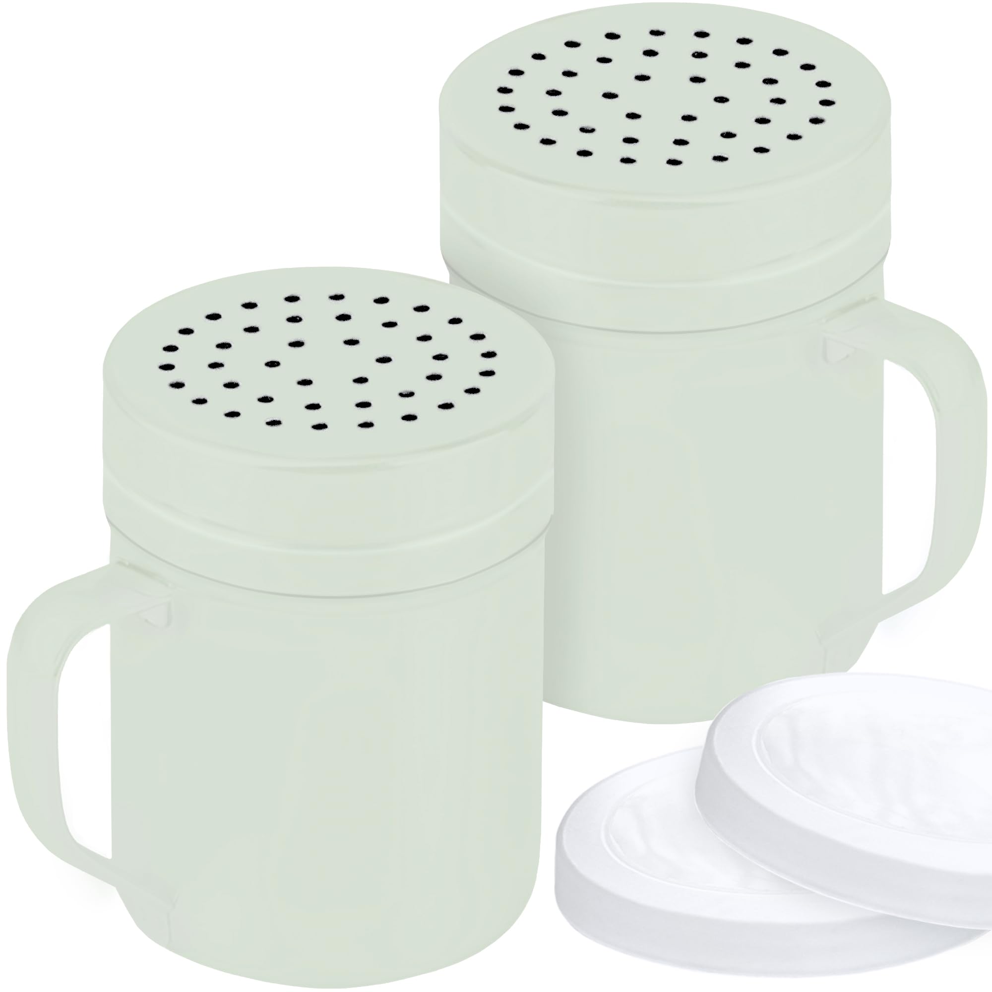 CUSINIUM 10oz Sage Stainless Steel Salt Pepper Dredge Shakers - With Plastic Cap - With Handle - Pack of 2