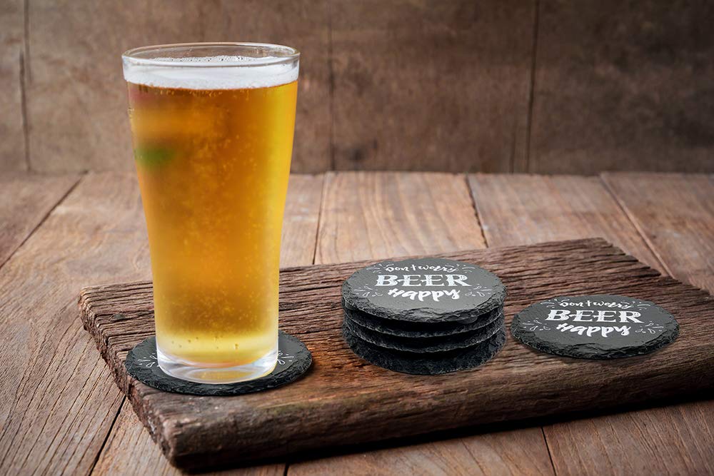 Petite Lili Black Round Natural Slate Funny Coaster, Don'T Worry Be Happy, Set Of 4 Housewarming ,Man Cave, ,Living Room Decorat