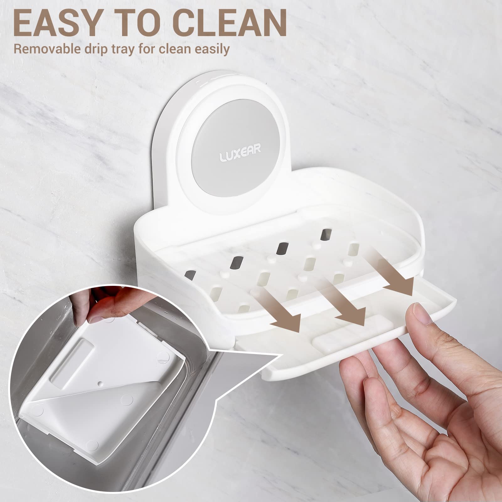 Luxear 3 Packs Shower Caddy Suction Cup Set - Shower Shelf+Soap Dish+Toothbrush Holder - 1 Second Installation No-Drilling Remov