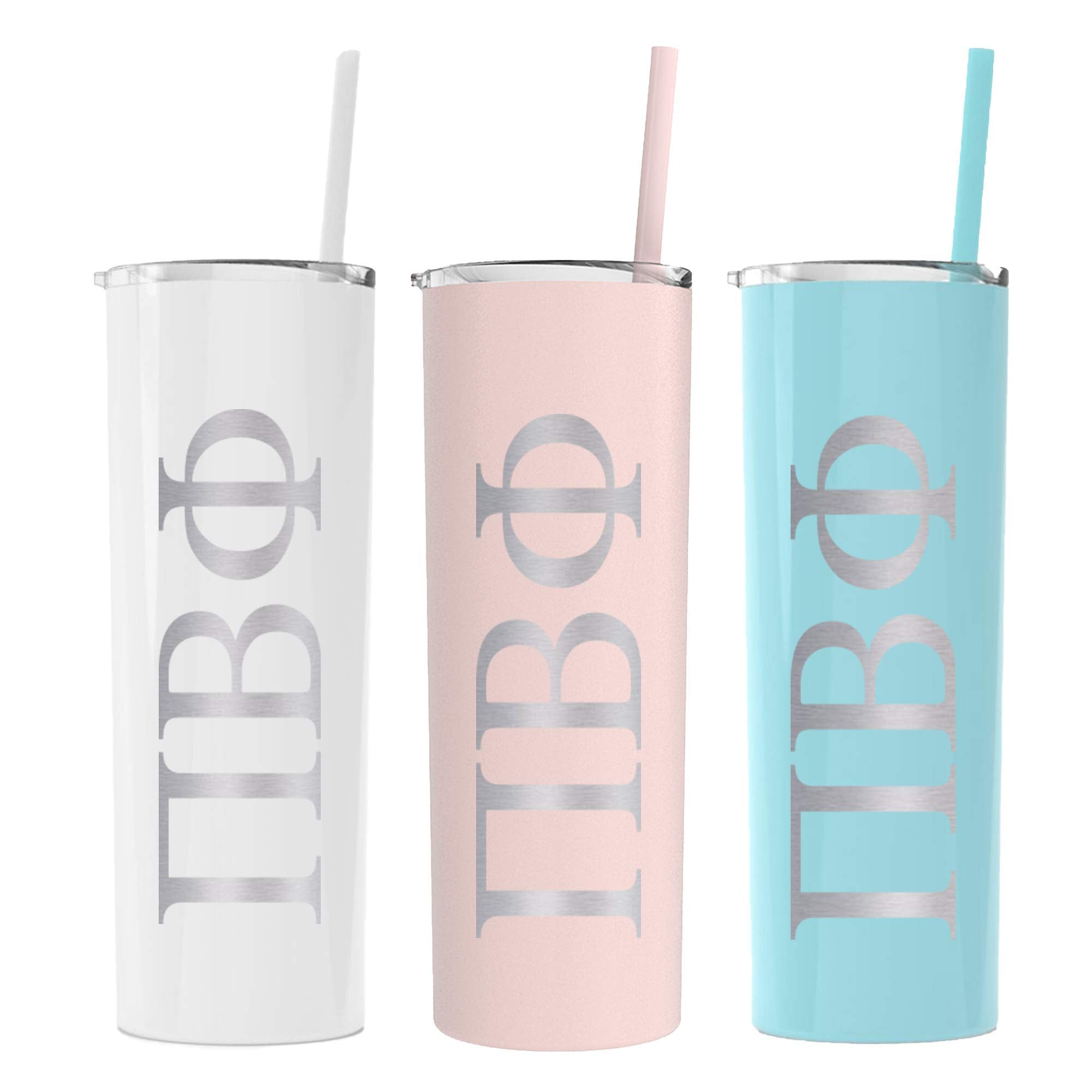 Pi Beta Phi Greek Letter Skinny Tumbler With Straw, Stainless Steel 20 Oz Capacity (Seafoam)