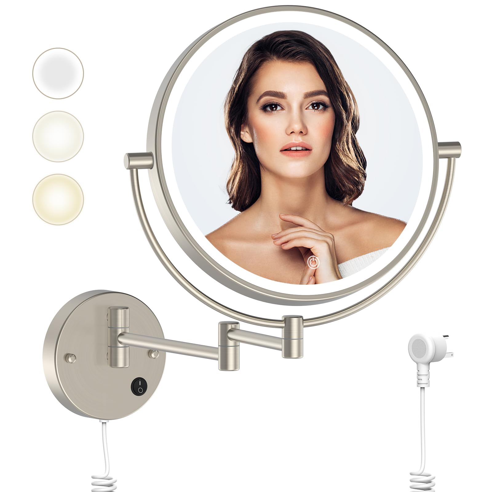 Rocollos 9'' Plug-In Wall Mounted Lighted Makeup Mirror 1X/10X Magnification, Super Large Double Sided Led Vanity Mirror For Bat