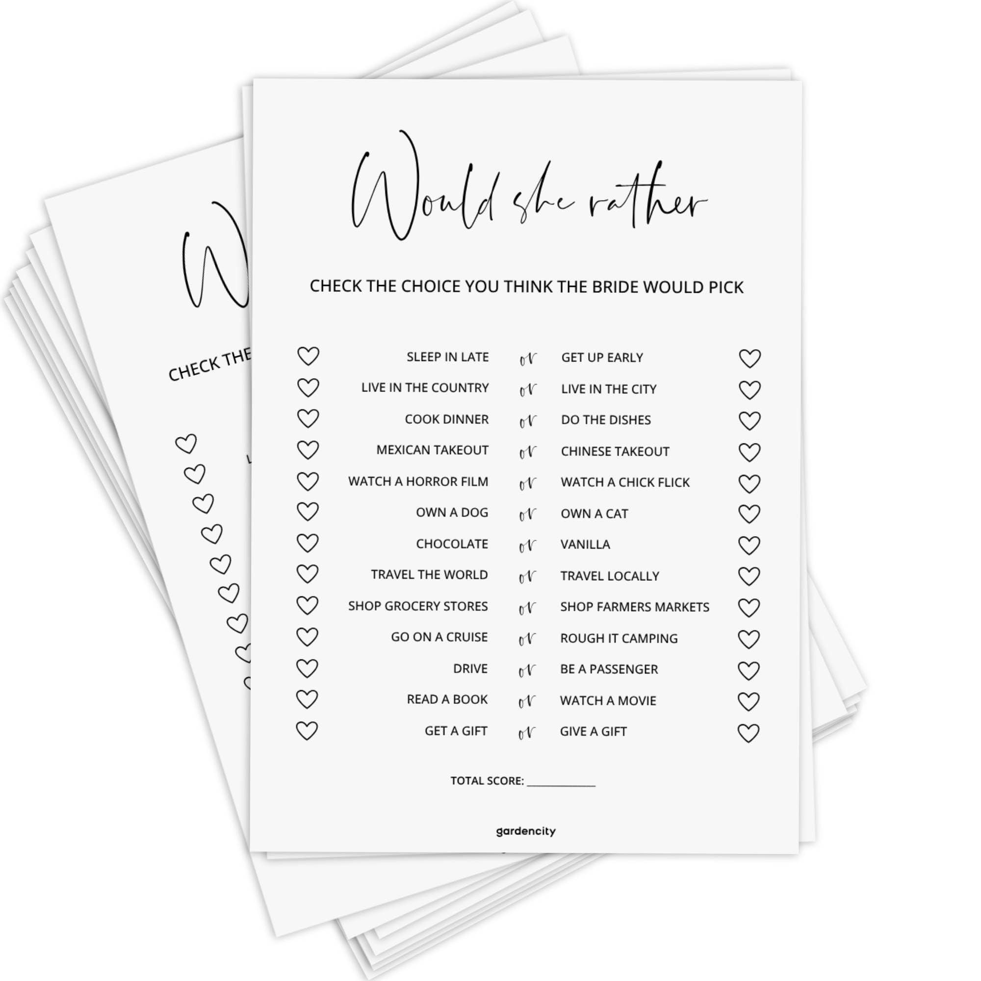 Gardencity Bridal Shower Games, Would She Rather Bridal Shower Game For 50 Guests, Minimalist
