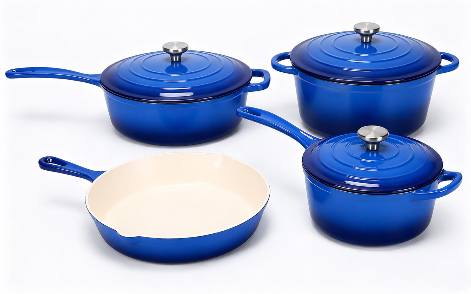 SearCook Nonstick Enameled Cast Iron Cookware Set, 4Piece Pots and Pans Set with Lids, 10.25 Skillet, 2QT Saucepan, 2.8QT & 4.