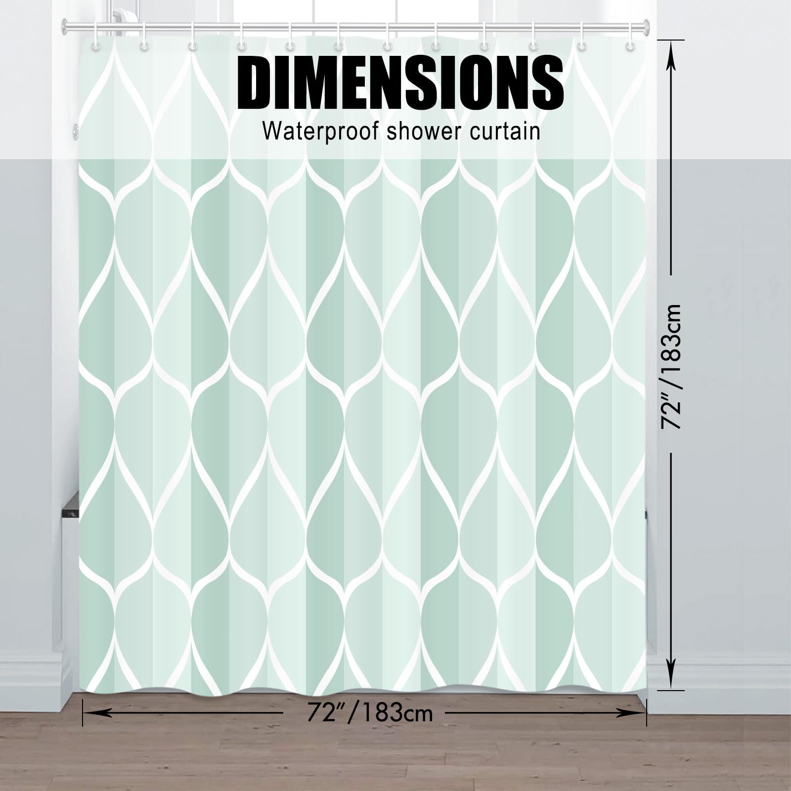 Gelbchu Light Green Geometric Shower Curtain  Waterproof Design and Polyester  Quick-Drying  Weighted Hem  Green Fabric Shower Curtains Set for Bathroom W 72 x H 72  Durable and Washable with 12 Hooks