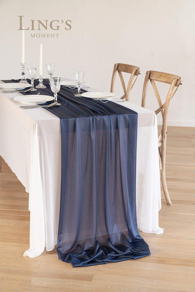 Ling 'S Moment 14Ft Navy Blue Sheer Chiffon Like Table Runner With Silver Sparkle For Rustic Boho Wedding Party Bridal Shower De