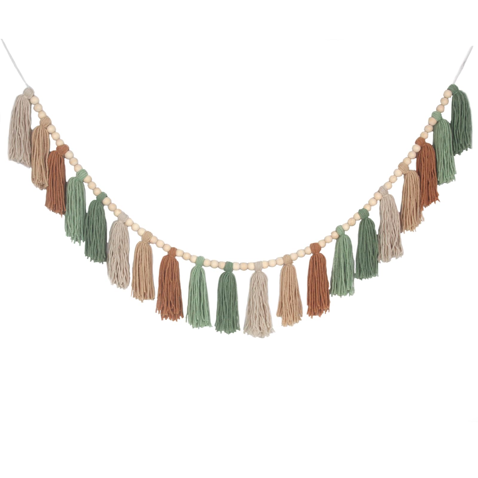 Tasruwat Sage Green Brown Boho Yarn Wood Bead Tassel Garland Wall Hanging Decor Neutral Earth Tone Woodland Banner Tassels for N